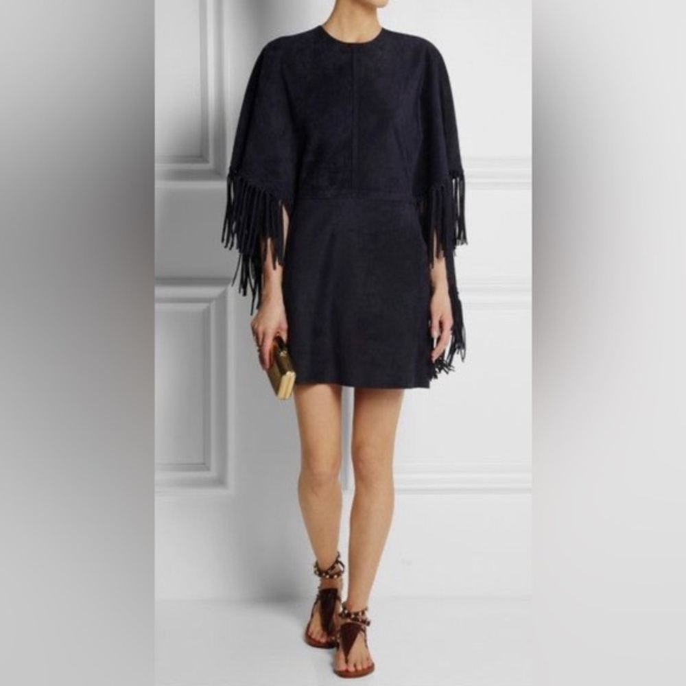 Valentino runway midnight suede blue fringed mini dress with cape back.